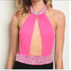SMALL - FUCHSIA WITH STONES SEXY BODYSUIT